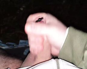 Stroking my pierced cock in the woods + cumshot with moaning