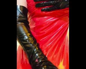 Red Vinyl Dress Doll & Black Rubber Gloves Play