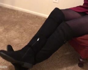 Sexy Foot Fetish Girl in Boots Gets Tittie Fucked by Nylon Encased Sissy Cock